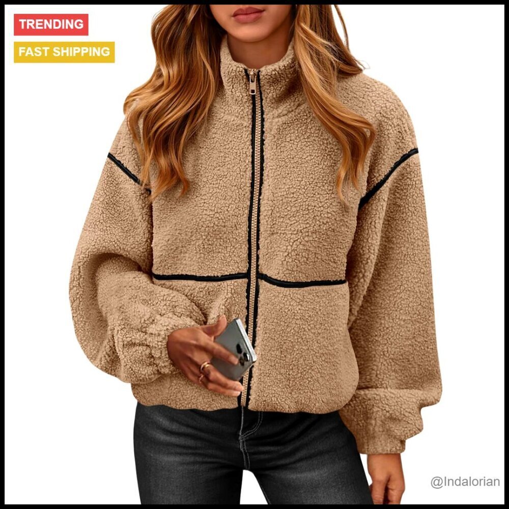Oversized Sherpa Fleece Jacket with Faux Fur Trim, Full Zip, Warm Winter Coat